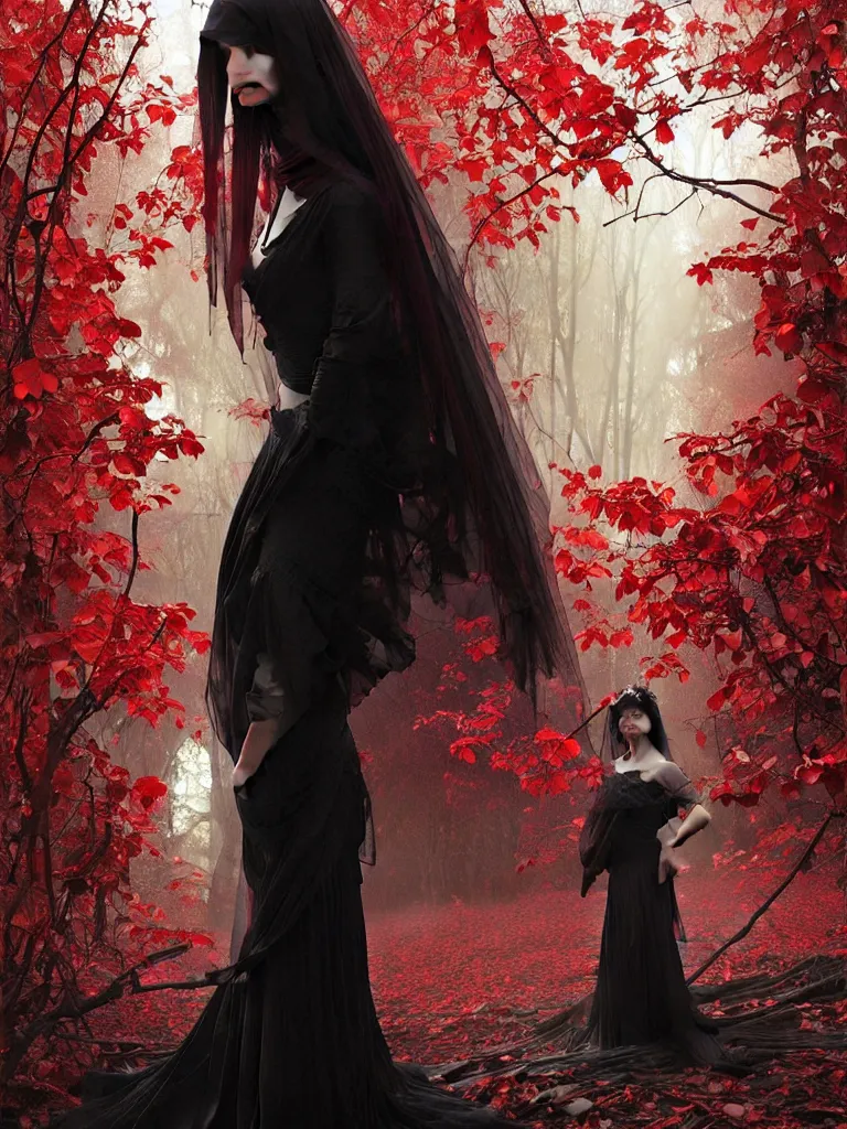 Image similar to detailed oil painting of sad bride in scary black under the god ray, red leaves on the ground, art by artgerm and greg rutkowski and alphonse mucha