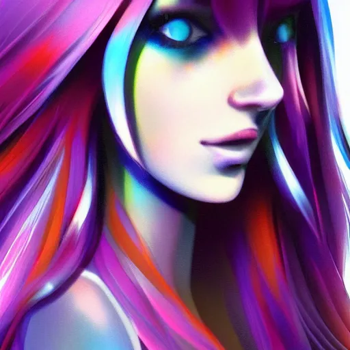 Image similar to a stylized image of a hard surfaces girl with long hair, digital art by ei - q, featured on pixiv, synchromism, flat shading, full body, metaphysical painting, speedpainting, digital painting, holographic undertones, highly saturated colors, 4 k, digital art, concept art, trending on artstation