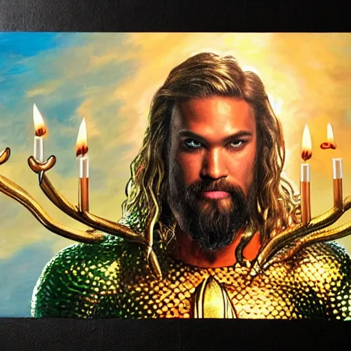 Image similar to intricate five star portrait of aquaman in tears, emotional, blowing the candle at his birthday, oil on canvas, hdr, high detail, photo realistic, hyperrealism, matte finish, medium contrast, 3 d depth, centered, masterpiece, grainy, muted colors, enhanced light effect, enhanced eye detail, artstationhd