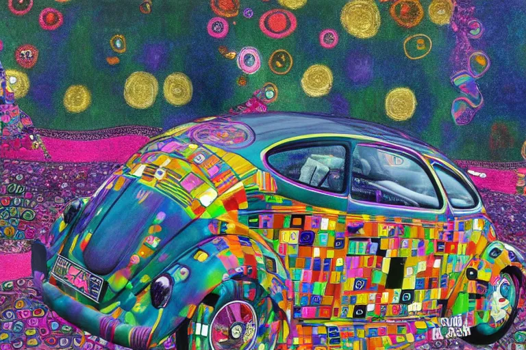 Image similar to gustav klimt lisa frank vw beetle