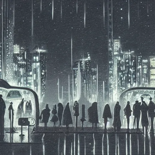 Image similar to some people waiting at bus stop in dark city night, detailed, high quality,a scene by Stanley kubrick, sci-fi, reimagined by industrial light and magic