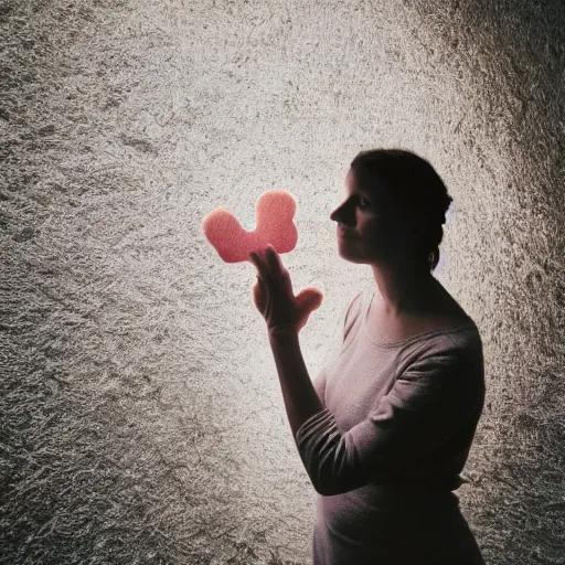 Image similar to a portrait of a woman made entirely of hands and fingers, soft sunlight dappling on her, she holds a hand puppet, in ancient airy building, award-winning photo