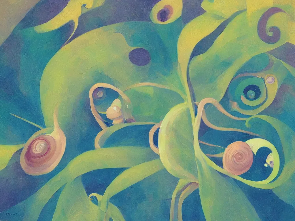 Prompt: snail architecture. Painting by Agnes Pelton