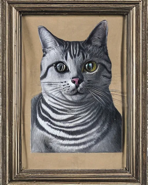 Image similar to an ornamental painting of a grey short haired cat with black stripes, portrait, in the style of John Coulthart, hyper detailed, maximalist