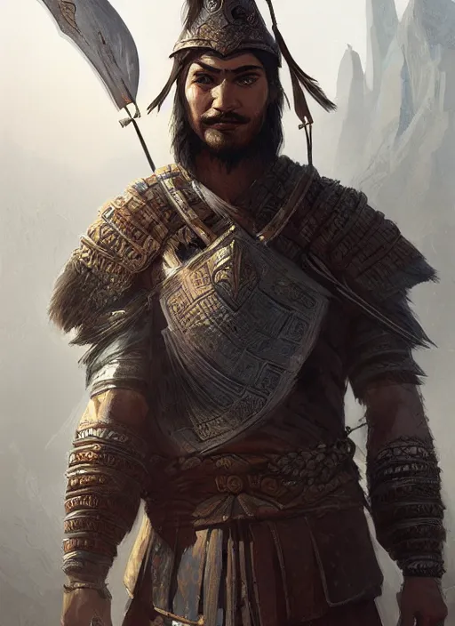 Image similar to portrait, A Turkic warrior, Central Asia, Dynamic lighting, cinematic, establishing shot, extremely high detail, photorealistic, cinematic lighting, intricate line drawings, post processed, concept art, artstation, style by Raphael Lacoste, Eddie Mendoza