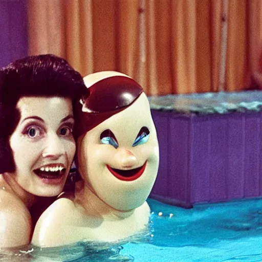 Image similar to a woman and her friend, an anthropomorphic nostril in a swimming pool, live-action children's television show, 1974, technicolor