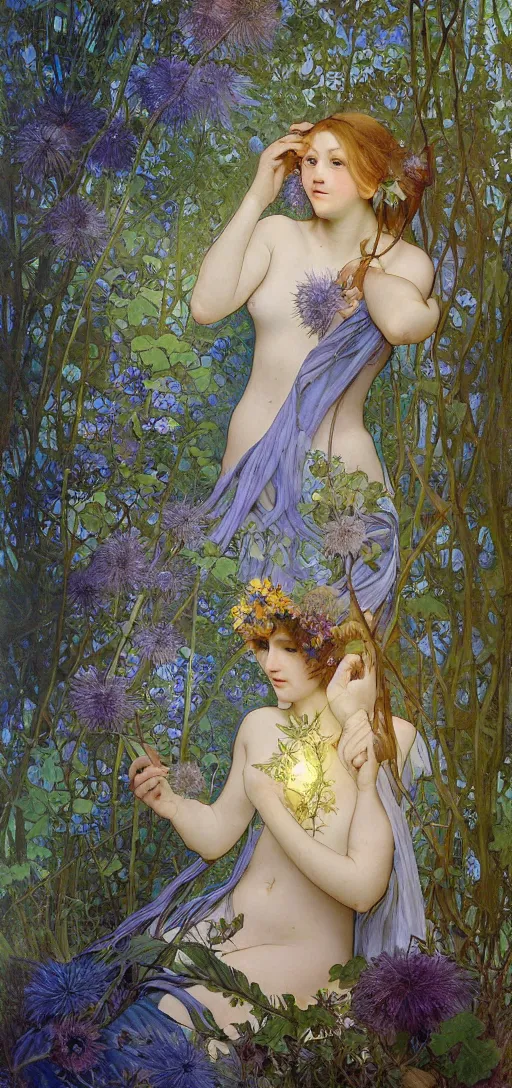 Image similar to painterly dreamy Kupala Night in the blue night forest with trees which have eyes, giant flowers, glowing owls, deers, beautiful women, lianas, thistles, giant fantasy creatures, a stream and sky with moon and stars by Alphonse Mucha, Ellen Sheidlin, dark fantasy, very detailed oil painting in the alla prima style, volumetric lighting, masterpiece, 8k