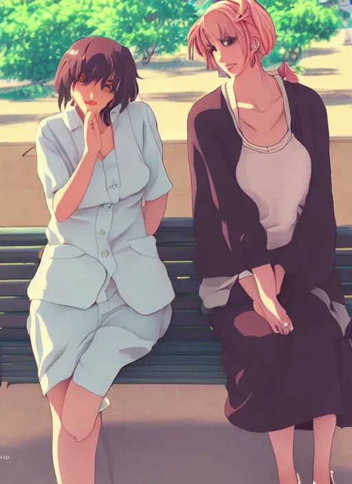 Image similar to two beautiful mature women waiting at a bus stop, summer clothes, gorgeous faces, thick lines, cinematic lighting, detailed anime art