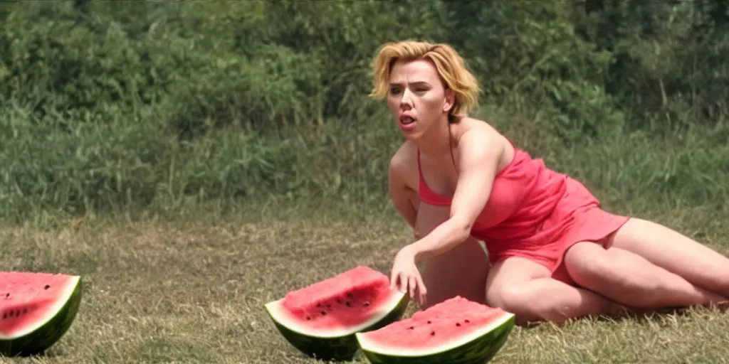 Image similar to scarlett johansson kicking and smashing a watermelon, film still, highly detailed, film grain, behind the scenes, photorealism