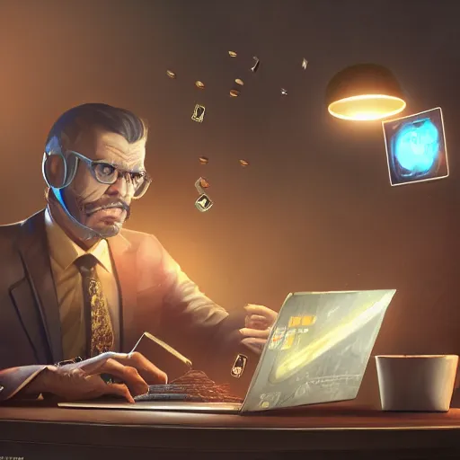 Image similar to realistic rich man using laptop in gaming room, money floating in air, artstation trends, sci fi concept art, highly detailed, intricate, sharp focus, digital art, 8 k