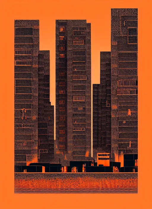 Image similar to habitat 67 city on fire, Mads Berg, Karolis Strautniekas, James Yang, Brutalism, Constructivist, film noir, stippled light, dramatic lighting,editorial illustration, detailed, matte print, dark orange black white red, a lone man