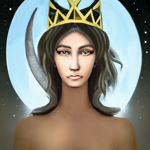 Image similar to Artemixel, the modern reincarnation of the old selenium god of hunt and moon, also known as Artemis the Selene, carrying the Crown of the Crescent Moon, wich has a bright and slightly bluish crescent like the brightness of the night. Portrait by Nicola Samuri