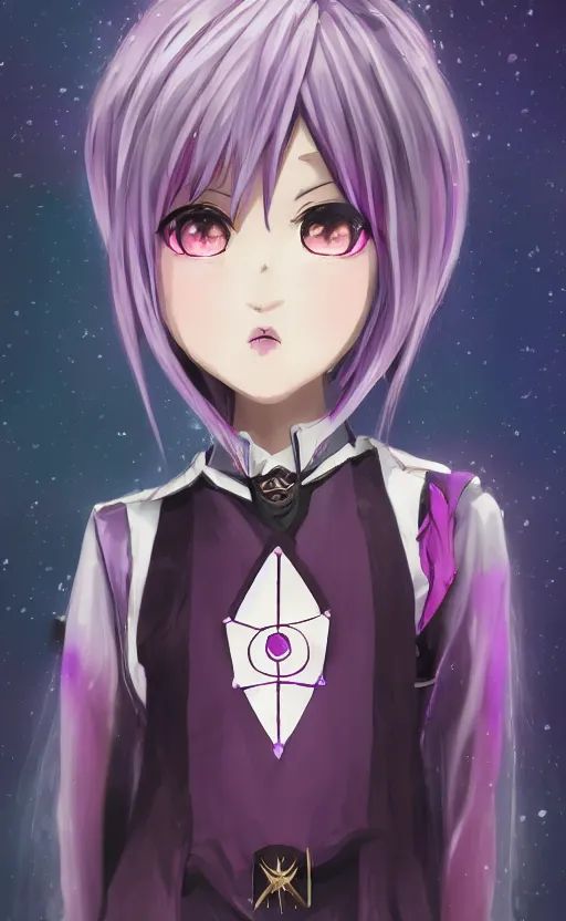 Image similar to magical girl, anime style, purple short hair, hair down, symmetrical facial features, front trading card, witch clothes, castle of cards background, matte, 4 k, professional drawing, safebooru, fantasy, d & d, realistic lighting, by kuvshinov ilya, backlit