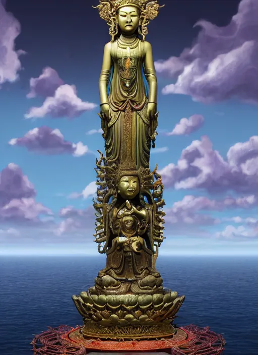 Image similar to guanyin stand on big loutus, a godness of the southern seas, a realistic setting with muted colors, visual novel cover, by yoshitaka amano, zeng fanzhi, jane hamilton, tiffany studios, sunrays shine uponit, frostbite 3 engine, cryengine, dof, trending on artstation, digital art, fantasy detailed background