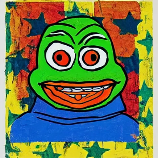 Prompt: pepe the frog, pop art style, by Jasper Johns