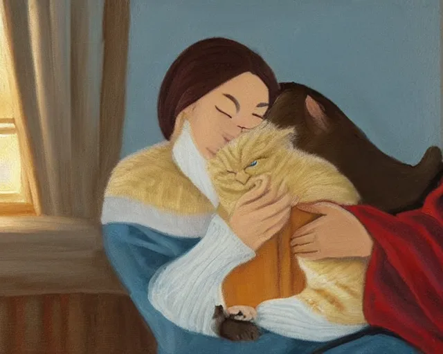 Prompt: a beautiful warm fuzzy painting of a woman curled up with a blanket, petting a cat who is purring with eyes closed. they are both sitting next to a window watching the sun set in winter.