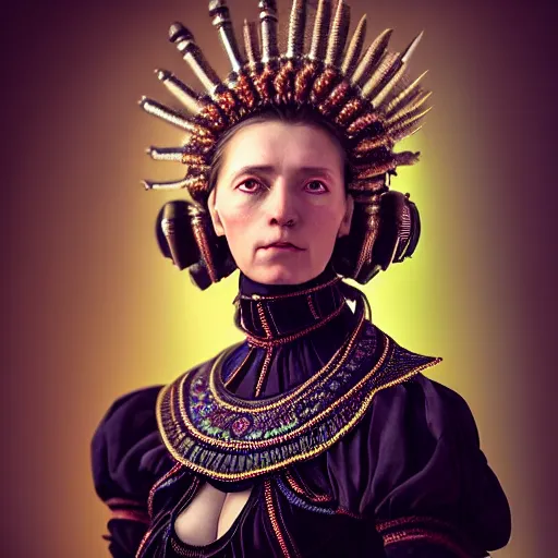 Image similar to Caravaggio style full body Photography of Highly detailed beautiful Woman with 1000 years detailed face and wearing detailed Ukrainian folk costume designed by Taras Shevchenko also wearing highly detailed retrofuturistic sci-fi Neural interface designed by Josan Gonzalez. Many details In style of Josan Gonzalez and Mike Winkelmann and andgreg rutkowski and alphonse muchaand and Caspar David Friedrich and Stephen Hickman and James Gurney and Hiromasa Ogura. Rendered in Blender and Octane Render volumetric natural light