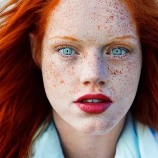 Image similar to Close up photo of the left side of the head of a redhead woman with gorgeous blue eyes and wavy long red hair, red detailed lips and freckles who looks directly at the camera. Slightly open mouth. Whole head visible and covers half of the frame, with a park visible in the background. 135mm nikon.