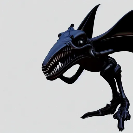 Image similar to 3d render of a xenomorphic bat, black chrome