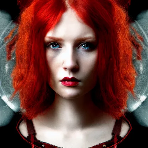 Prompt: a beautiful red haired woman, symmetrical portrait. dieselpunk. 4k hd, digital art, concept art