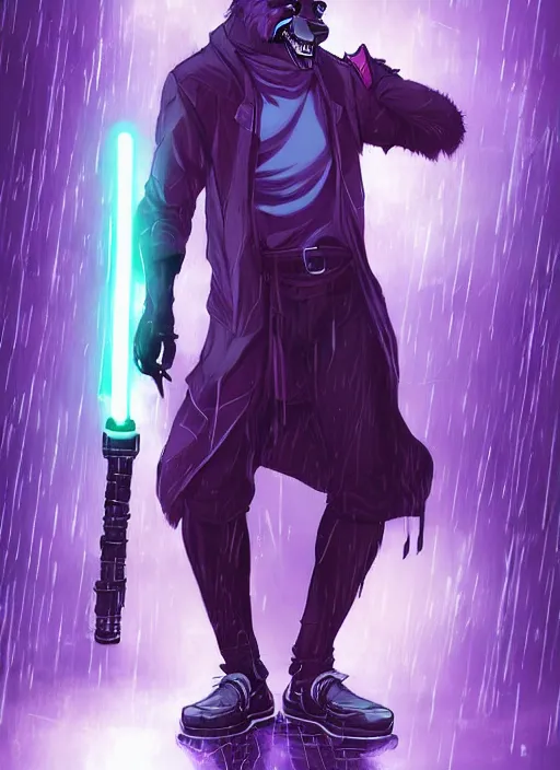 Image similar to beautiful portrait commission of a male furry anthro hyena fursona jedi wielding a purple lightsaber in a cyberpunk city at night in the rain. character design by charlie bowater, ross tran, artgerm, and makoto shinkai, detailed, inked, western comic book art