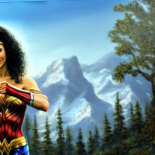 Image similar to a closeup photorealistic photograph of bob ross working on a canvas painting of wonder woman. film still. brightly lit scene. mountains and trees. this 4 k hd image is trending on artstation, featured on behance, well - rendered, extra crisp, features intricate detail, epic composition and the style of unreal engine.