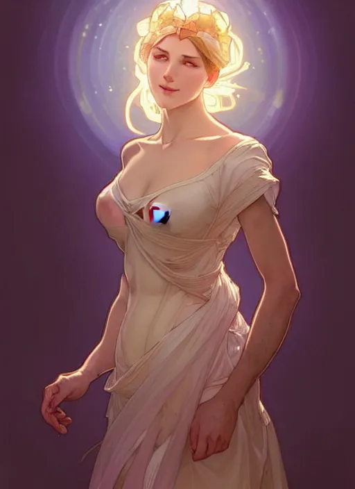 Image similar to digital character concept art by artgerm and greg rutkowski and alphonse mucha. clear portrait of a modern young wife blessed by god to uncontrollably become overwhelmingly perfect!! blonde, full - figure in clothes, obviously feminine holy body!! light effect. hyper detailed, glowing lights!! intricate, elegant, digital painting, artstation, smooth, sharp focus