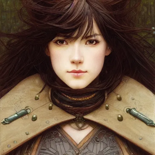 Image similar to Masterpiece head and shoulders portrait of a female Kazuto Kirigaya Kirito, young woman with brown long hair and bangs and wearing a long black coat breast-armor showing through, face, fantasy, intricate, elegant, highly detailed drawn by Donato Giancola and Fernanda Suarez and Artem Demura, face by Artgerm and Edmund Leighton, Alphonse Mucha, background by James Jean and Gustav Klimt, 4k, porcelain skin, komorebi, french nouveau, trending on pixiv, octane render, hyperrealistic