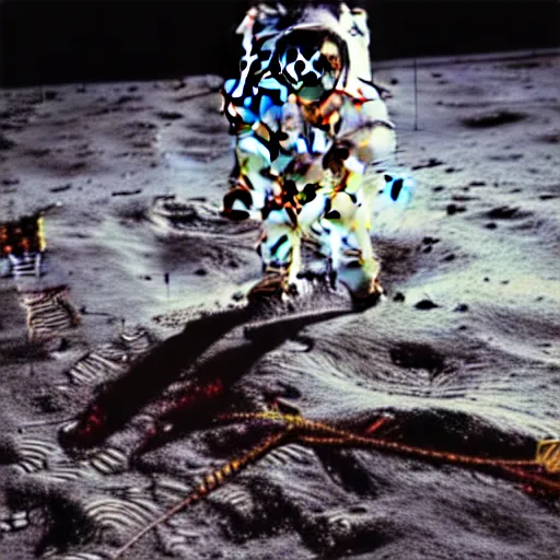 Prompt: photo of an electric guitar sitting idle on the moon during the moon landing. detailed