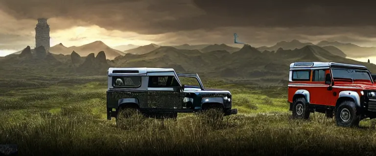 Image similar to Land Rover Defender 110 (1985), an epic fantasy, dramatic lighting, cinematic, establishing shot, extremely high detail, photorealistic, cinematic lighting, artstation, by simon stalenhag, The Elder Scrolls IV: Oblivion, Green Cyrodiil plains, Imperial City with the Adamantine Tower in the middle in the distance, at day