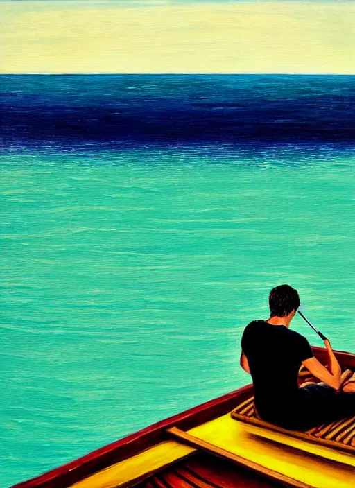 Image similar to self portrait of a painter painting himself on a raft in the ocean