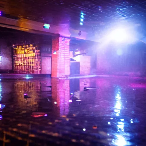 Prompt: empty nightclub dark night water mess