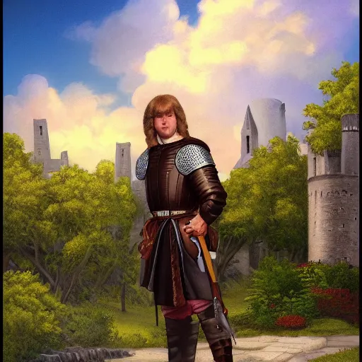 Prompt: portrait of a young squire, illustration by larry elmore, michael wellen, john stephens, in a medieval city, tone mapping, airbrushed clouds, trending on artstation