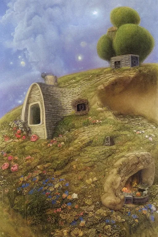 Prompt: beautiful matte painting of a cottage on a hill whimsical by brian froud and bridget bate tichenor with huge dlowing spiral