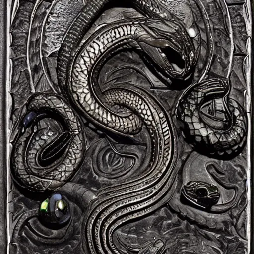 Prompt: serpent king : : grubby, volatile, highly detailed, maximalist : : obsidian carving : :