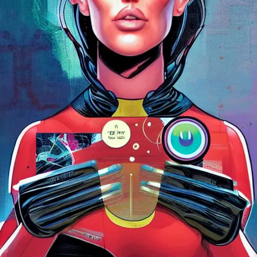 Prompt: portrait of a female android, by DC comics, MARVEL comics and Sandra Chevrier