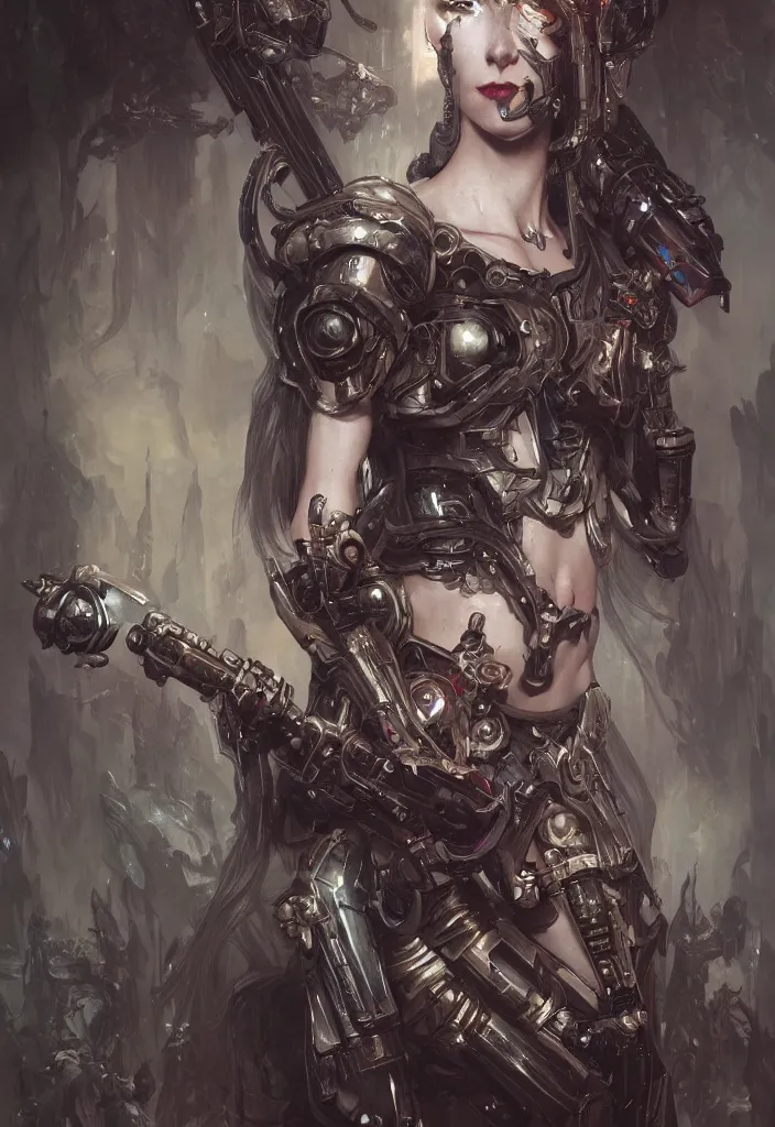 Image similar to portrait of beautiful pale gothic cyborg maiden, warhammer 40000, cyberpunk, intricate, elegant, highly detailed, digital painting, artstation, concept art, smooth, sharp focus, illustration, art by artgerm and greg rutkowski and alphonse mucha and Gustav Klimt