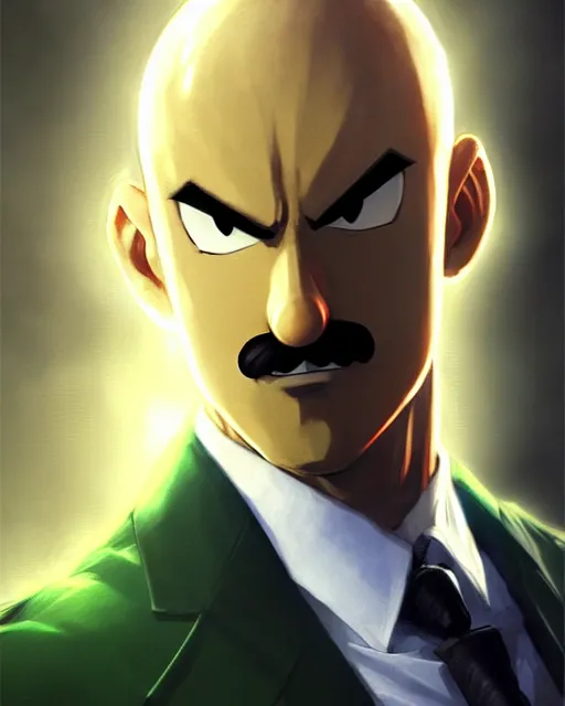 Prompt: gigachad luigi as one punch man in a suit, fantasy character portrait, ultra realistic, concept art, intricate details, highly detailed by greg rutkowski, ilya kuvshinov, gaston bussiere, craig mullins, simon bisley