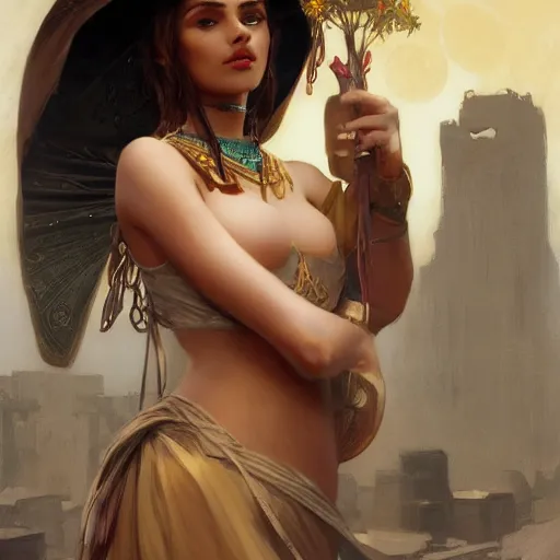 Image similar to A seductive twenty year old Mesopotamian witch in training, fully clothed, brown skinned, in a major Mesopotamian city, portrait, highly detailed, digital painting, artstation, concept art, sharp focus, illustration, cinematic lighting, art by artgerm and greg rutkowski and alphonse mucha