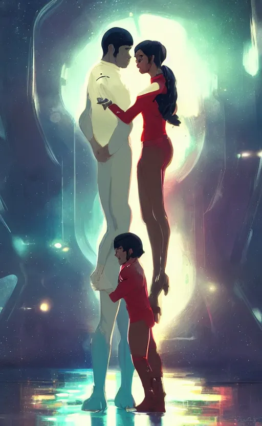 Image similar to Uhura and Spock caught about to kiss, surprise, cute, innocent, soft lighting, standing in a starbase bar, In style of Yoji Shinkawa, wojtek fus, by Makoto Shinkai, concept art, highly detailed