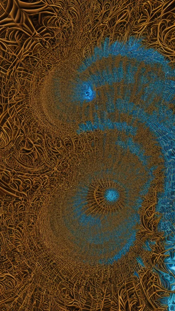 Image similar to 3d fractal wallpaper by Escher, spirals tubes roots, psychedelic!!, mandelbulb 3d, digital art, high details, depth of field, hard lighting!, trending on artstation, deviantart, octane render, HD, (((Low light))), 8k, eric zener, zdzisław beksiński, dark background
