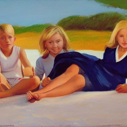 Image similar to a nine year old blonde girl and her two parents sit on a blanket at the beach and watch through sun go down in the style of Edward hopper