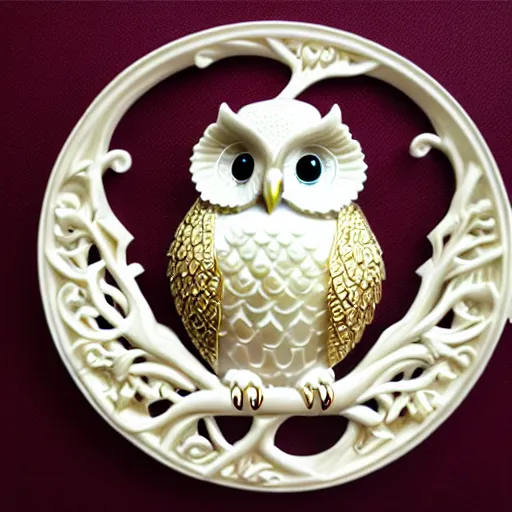 Image similar to gorgeous ornated snow white porcelain realistic detailed sacred owl wall decoration with golden filigree carved out of ivory