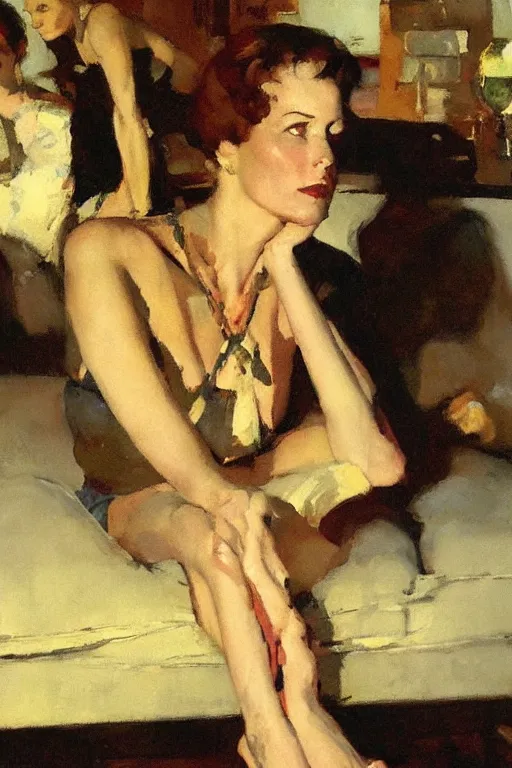 Image similar to your mother in a darkened room, painted by tom lovell frank schoonover dean cornwell phil hale rick berry