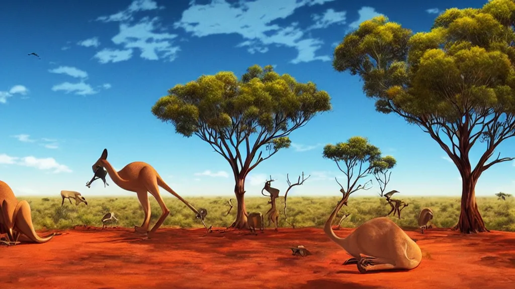 Image similar to australia, outback, uluru, kangaroos, ghibli style, makoto shinkai