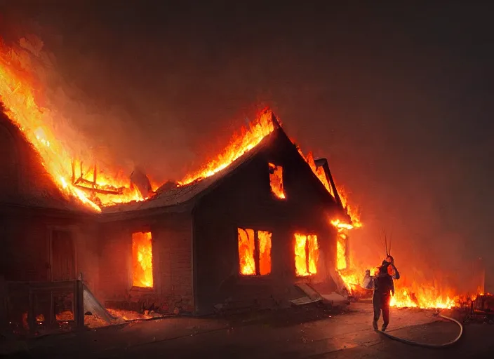 Prompt: bob villa burning down a house while laughing. digital painting. greg rutkowski.
