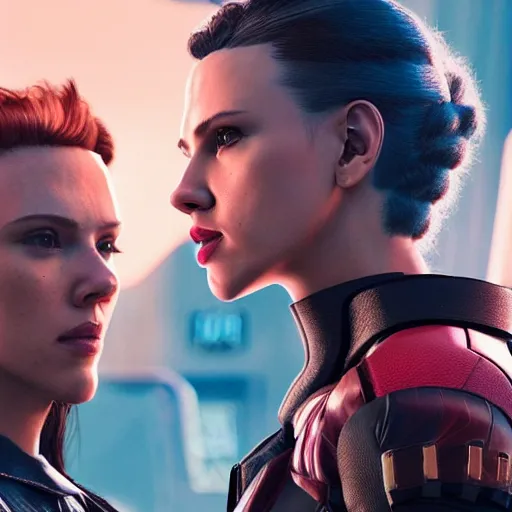 Prompt: scarlett johansson and winona rider in Cyberpunk 2077. CP2077. 3840 x 2160