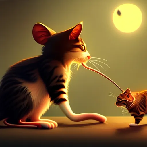 Image similar to mouse eating a cat in the night, stylized, artstation, hd, cgsociety, cgi, realistic, dramatic, cinematic, artistic, trending, detailed