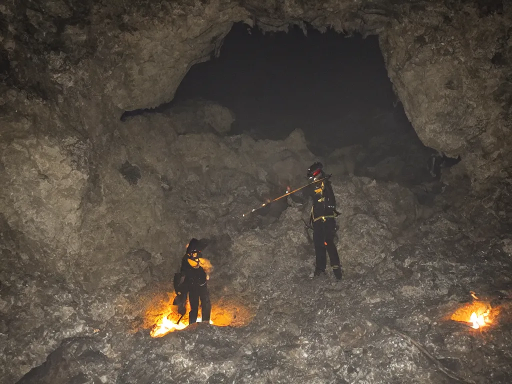 Prompt: one man with torch bringing fire into cave in darkness