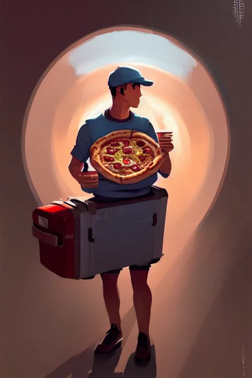 Image similar to greg rutkowski travel poster futuristic pizza delivery boy